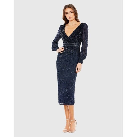 Mac Duggal Size 12 Navy 93593 Sequined V Neck Bishop Sleeve Midi Cocktail Dress - Picture 1 of 13
